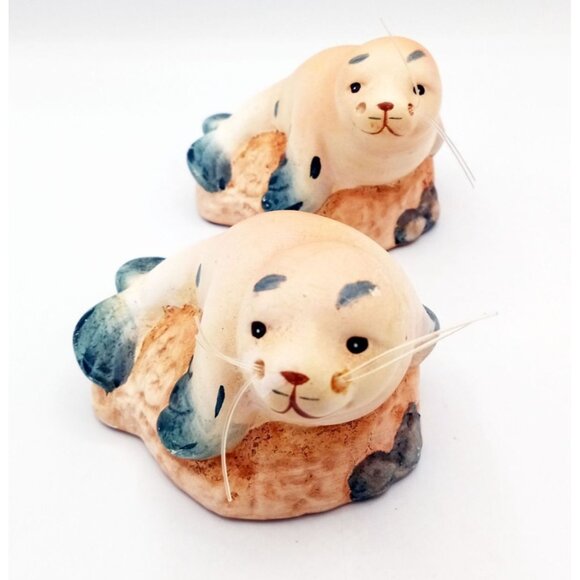 Sea Lions Figures Pair Vintage Playful Ceramic 4.5 Inch Nautical Life Decor - Picture 5 of 16